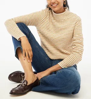 J Crew Factory‎ S Striped Mockneck Pullover Sweater Ivory Camel Stripe CC693 thumbnail 1
