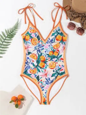 #S49 Women's Orange Trim Citrus Print One-Piece Swimsuit - SMALL thumbnail 5