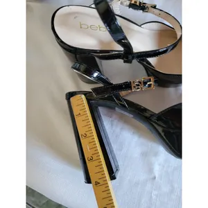 Bebe Women’s Chunky High Heel Shiney Black Ankle Strap Sz 8 Gold Buckle thumbnail 14