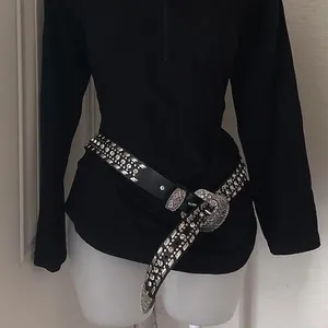 Nocona 2000s Grunge Black Silver Genuine Leather Chunky Festival Indie Hippie Rhinestone Studded Belt Large Buckle Size XL thumbnail 2