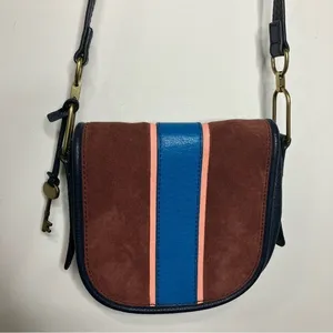 Fossil Rumi blue Cabernet striped suede leather flap crossbody‎ bag small thumbnail 2
