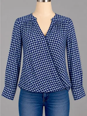 Max Studio XS Navy White Gingham Wrap Blouse 100% Rayon Soft Draped thumbnail 1