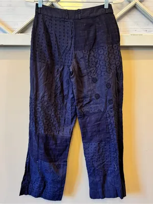 Zara Womans Wide Leg Pants Eyelet Embroidered Size XS Navy‎ Blue Boho Cotton thumbnail 3