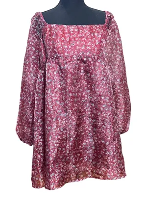 Altar'd‎ State Burgundy Floral Babydoll Mini Dress Square Neck Long Sleeve L thumbnail 1