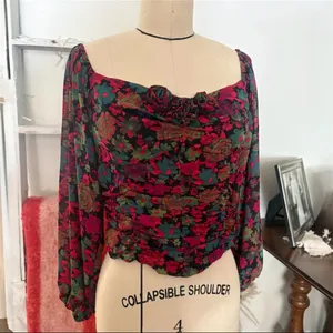Free People Oh Lala Black Multi Off The Shoulder Floral Chiffon Top Size Medium thumbnail 3
