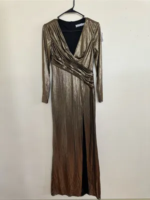 Mac Duggal Metallic Long-Sleeve Asymmetrical Ruched Gown IEENA Collection, 0 thumbnail 3