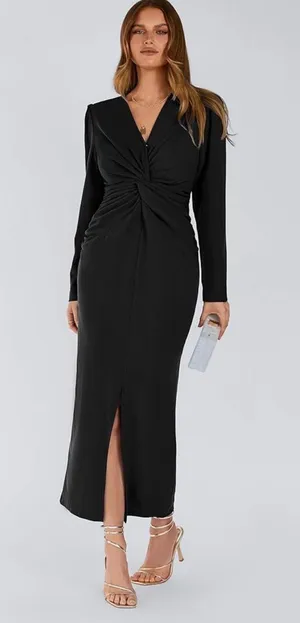PRETTYGARDEN Women's Spring Fall Fashion Long Puff Sleeve Maxi Dresses V Neck Twist Front Formal Dress with Slit thumbnail 7