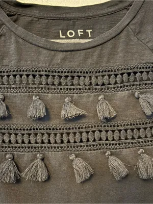 LOFT black short sleeve shirt with crochet and fringe tassel details size medium thumbnail 7