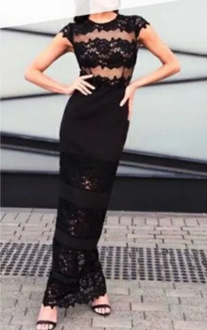 Bronx & Banco Black Lace Maxi Dress Cap Sleeve Formal Cocktail Size S thumbnail 1
