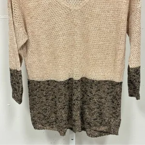 White + Warren Linen Cotton‎ Blend Colorblock Knit V-Neck Sweater Beige Small thumbnail 3