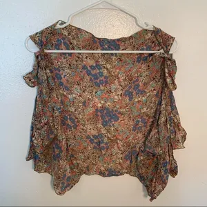 Women's Sleeveless Open Blouse Tie Strap Ruffle‎ Tan Blue Pink Teal Floral thumbnail 2