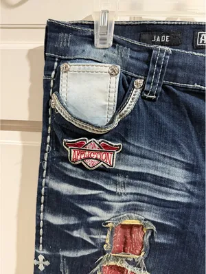 Affliction Jade Women's Distressed Blue Jeans with Red Bandana Patch Size 31 thumbnail 4