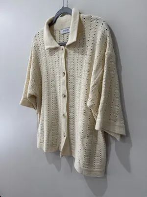 The Lifestyled Co Crochet Knit Short Sleeve‎ Sweater Oversized Fit Beige Sz M thumbnail 2