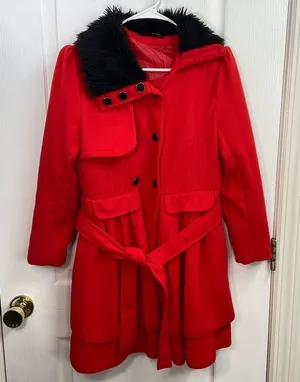 Yiyigiao red cotton faux fur collar peacoat button tiered belted coat XS small‎ thumbnail 1
