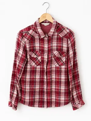 Love Stitch Play The Field Burgundy Plaid Button UP Shirt Size M thumbnail 6