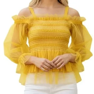 IRIS Bright Lemon‎ Yellow Smocked Cold Shoulder Tulle Puff Sleeve Peplum Top M thumbnail 1