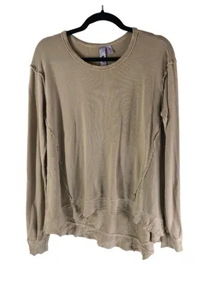Wilt Womens Long Sleeve Beige Distressed Cotton Top Size M High-Low Made In USA thumbnail 1