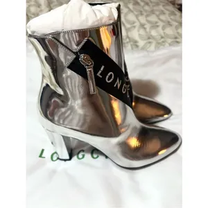 Longchamp Mirror Metallic Silver Logo Heeled Ankle Boot Designer 37 thumbnail 4