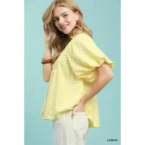 Umgee Smocked Yoke Puff Sleeve Gingham Blouse - Large - Lemon thumbnail 2