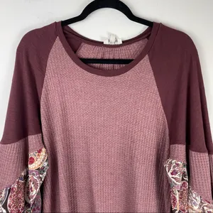 Umgee Waffle Knit Balloon Sleeve Sweater Top Sz Large Boho Patchwork thumbnail 6