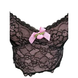 Sugar Thrillz Dolls Kill Lace Crop Top Black Pink Bow Sheer Floral NWT Medium thumbnail 3