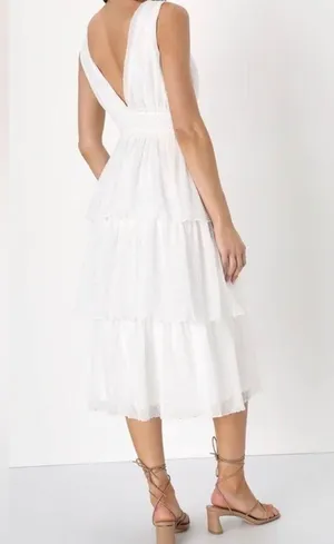 Lulus dreamy mood white Swiss dot tiered midi dress. Polyester. Size Small. thumbnail 3