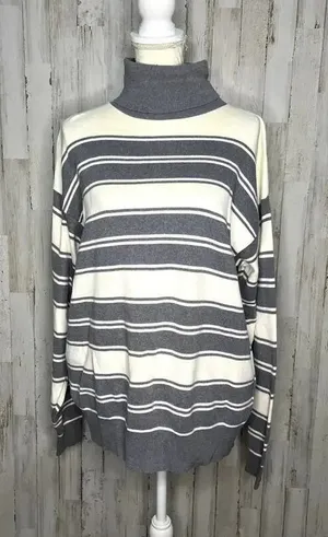 Vintage Lizsport‎ Women's Striped Turtleneck Sweater Gray/White Medium thumbnail 1