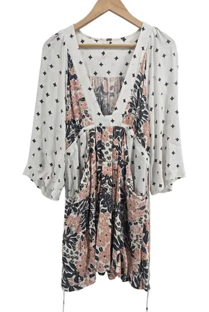 Free People Tunic Womens S Mixed Print Floral V-Neck Bell Sleeve Ivory EUC thumbnail 1