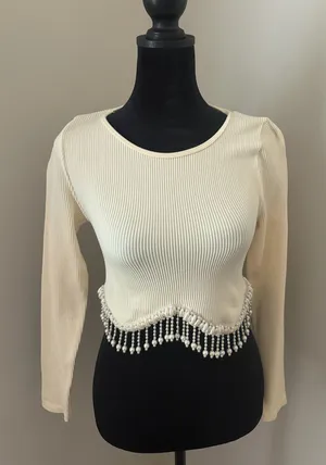 ZARA Long Sleeve Crop Top w/ Beaded Fringe thumbnail 1