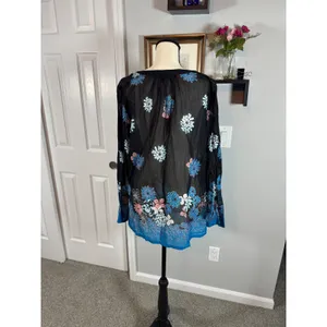 LOFT Floral Split Neck Tunic Top Black Blue Pink Cotton Rayon Size M NEW thumbnail 2