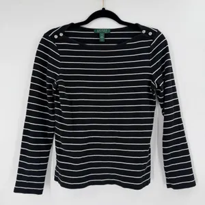 Lauren Ralph Lauren‎ Striped Long Sleeve Top Women M Black White Nautical Preppy thumbnail 1