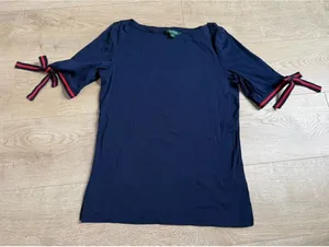 EUC Womens‎ Lauren Ralph Lauren boat neck Navy red stripe bow short sleeve top L thumbnail 1