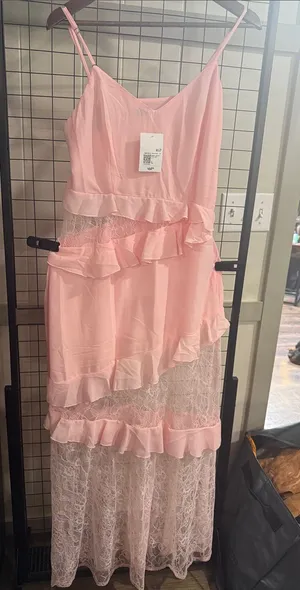Women’s Pink Ruffle Lace Maxi Dress - Classic Girls' Party Dress thumbnail 1