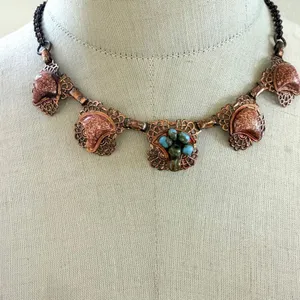 Vintage Copper Filigree Necklace w Goldstone & Turquoise tone Beads thumbnail 1