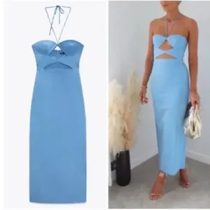 Zara Blogger Favorite Blue Cut-out Halter Top Bodycon Midi Dress Sz L thumbnail 7