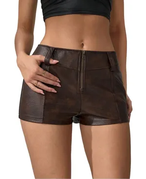 NWT BEAUDRM Brown PU Leather Low Rise Micro Mini Shorts Y2K Party Small thumbnail 1