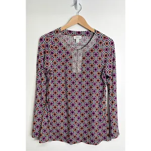 Ann Taylor Loft Beaded Geometric Print Top Purple‎ Orange Long Sleeve Blouse M thumbnail 3