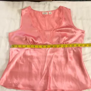 2000s Y2K Coquette Pink satin camisole sleeveless blouse with lace detailing V-neck lingerie style top Excellent condition measurement in pics-Size 12/L thumbnail 4