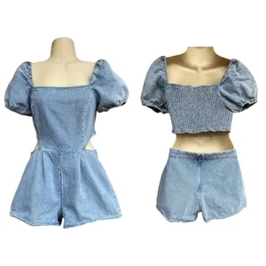Altar'd State Y2K Festival Summer square neck puff sleeve cut out waist Denim Romper size S thumbnail 2