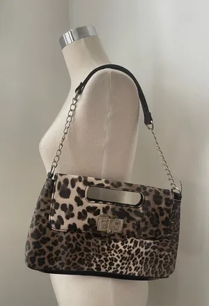 Leopard Print Shoulder Bag with Chain and Top Handle - Brown/Black thumbnail 1