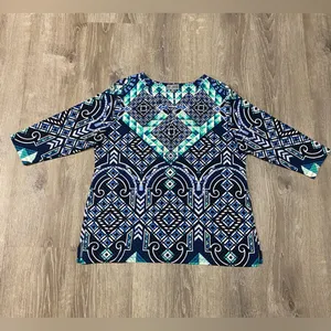 JM Collection Sequined Tribal Geo Aztec Blouse 3/4 Sleeve Embellished Top | XL thumbnail 2