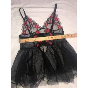 Babydoll Cami Med Black Red Embroidered Goth Fairy Slip Sexy Lips Lingerie Y2K thumbnail 7