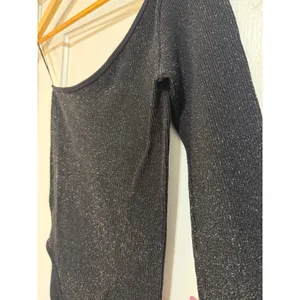 Zara Womens Black Shimmer Metallic One edgy Shoulder Ribbed Bodysuit XS NWOT thumbnail 2