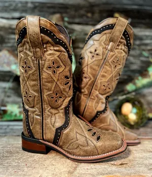 Laredo Tan and Brown Western Cowboy Boots with Embroidered Stitching thumbnail 1