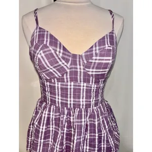Lulus Purple Plaid Tiered Midi Dress Small Cottage Bustier Women Flair Sundress thumbnail 10