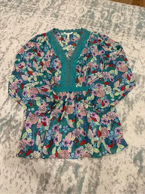 Matilda Jane XL Sheer Floral Boho Blouse Teal Lace Peplum Top thumbnail 2