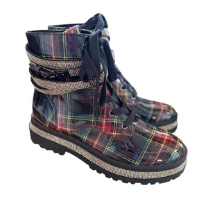 Jessica Simpson Ebrina Tartan Red Green Black Rhinestone Embellished Combat Boot thumbnail 1