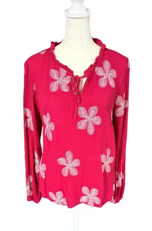 Maurices pink floral embroidered long sleeve keyhole ruffled neckline top M thumbnail 1