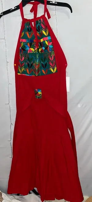 Red Embroidered Boho Maxi Dress with Multicolor Floral Yoke thumbnail 1