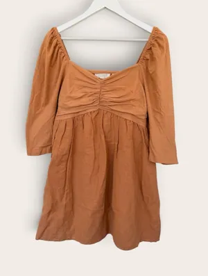 X Anthropologie heavy Linen Puff-Sleeve Midi Dress in Rust Brown thumbnail 1